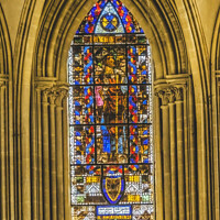 Buy canvas prints of Colorful Stained Glass Cathedral Church Bayeux Normandy France by William Perry