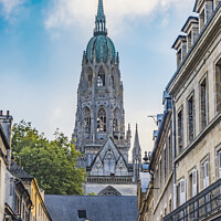 Buy canvas prints of Street Shops Tower Cathedral Church Bayeux Normandy France by William Perry