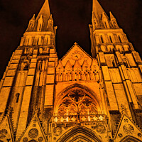 Buy canvas prints of Illuminated Cathedral Facade Night Church Bayeux Normandy France by William Perry