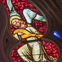 Buy canvas prints of Colorful Angel Lute Stained Glass Cathedral Church Bayeux Norman by William Perry