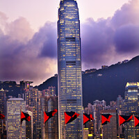 Buy canvas prints of Two Intrnational Finance Centre Hong Kong Sunset Red Flags from  by William Perry