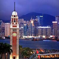 Buy canvas prints of Hong Kong Clock Tower and Harbor at Night from Kowloon Ferry by William Perry