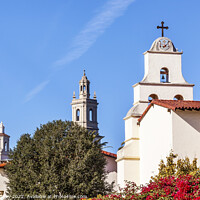 Buy canvas prints of Steeples White Adobe Mission Santa Barbara Cross Bell Bougainvil by William Perry