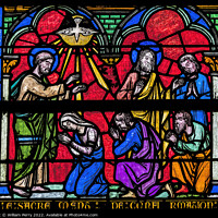 Buy canvas prints of Jesus Stained Glass Notre Dame Church St Marie Mont Normandy Fra by William Perry