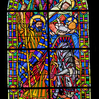 Buy canvas prints of Mary Jesus Stained Glass Church St Marie Eglise Normandy France by William Perry