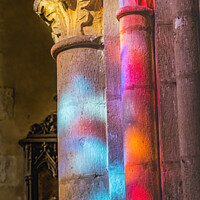 Buy canvas prints of Stained Glass Reflection Church St Marie Eglise Normandy France by William Perry