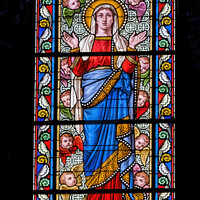 Buy canvas prints of Virgin Mary Angels Stained Glass Nimes Cathedral Gard France by William Perry