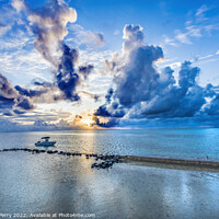 Buy canvas prints of Colorful Sunset Cloudscape Boat Breakwater Blue Water Moorea Tah by William Perry