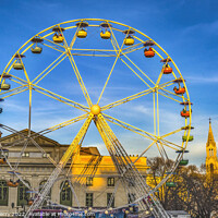 Buy canvas prints of Christmas Ferris Wheel St Perpetue Church Nimes Gard France by William Perry