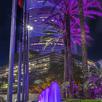 Buy canvas prints of Blue Fountain Night Purple Buildings High Rises Miami Florida by William Perry