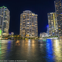 Buy canvas prints of Miami River Night Water Reflections Apartment Buildings Downtown by William Perry