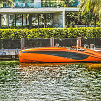 Buy canvas prints of Orange Speedboat Flamingo Waterway Miami Beach Florida by William Perry