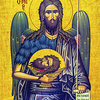 Buy canvas prints of Christ John Head Golden Icon Saint George Church Madaba Jordan by William Perry