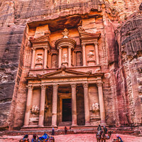 Buy canvas prints of Camels Rose Red Treasury Afternoon Siq Petra Jordan  by William Perry