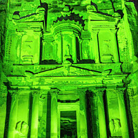 Buy canvas prints of Green Treasury Illuminated Night Petra Jordan  by William Perry