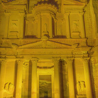 Buy canvas prints of Yellow Treasury Illuminated Night Petra Jordan  by William Perry