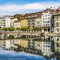 Buy canvas prints of Restaurants Shops Inner Harbor Reflection Lucerne Switzerland  by William Perry