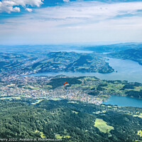 Buy canvas prints of Red Parasail Inner Harbor Mount Pilatus Lake Lucerne Switzerland by William Perry
