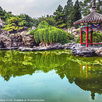 Buy canvas prints of Red Pavilion Garden Pond Temple of Sun Beijing China by William Perry