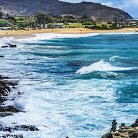Buy canvas prints of Colorful Cairns Rock Piles Ocean Sandy Beach Honolulu Hawaii by William Perry