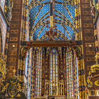 Buy canvas prints of Crucifix Altar Ceiling St Mary's Basilica Church Krakow Poland by William Perry