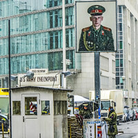 Buy canvas prints of Checkpoint Charlie Today Snowing West Berlin Germany by William Perry