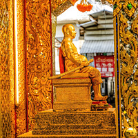 Buy canvas prints of Golden King Statue Yodpiman Flower Market Bangkok Thailand by William Perry