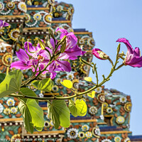 Buy canvas prints of Orchid Tree Flowers Ceramic Pagoda Wat Pho Bangkok Thailand by William Perry