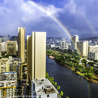 Buy canvas prints of Colorful Double Rainbow Buildings Waikiki Ala Wai Canal Honolulu by William Perry