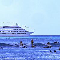 Buy canvas prints of Colorful Surfers Swimmers Cruise Ship Waikiki Beach Honolulu Haw by William Perry