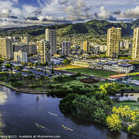 Buy canvas prints of Colorful Canoes Buildings Ala Wai Canal Waikiki Honolulu Hawaii by William Perry