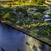 Buy canvas prints of Colorful Canoes Buildings Waikiki Ala Wai Canal Waikiki Honolulu by William Perry