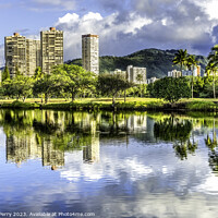 Buy canvas prints of Green Trees Buildings Ala Wai Canal Reflection Honolulu Hawaii by William Perry