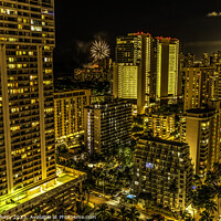 Buy canvas prints of Fireworks Night Illuminated Buildings Waikiki Honolulu Hawaii by William Perry