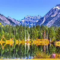 Buy canvas prints of Gold Lake Reflection Pink Hiker Mt Chikamin Peak Washington  by William Perry