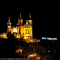 Buy canvas prints of Notre Dame Basilica From Place Bellecoeur Night Lyon France by William Perry