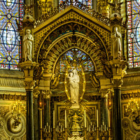 Buy canvas prints of Mary Statue Altar Stained Glass Basilica Notre Dame Lyon France by William Perry