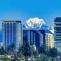 Buy canvas prints of Buildings City Center Snow Capped Mountains Bellev by William Perry