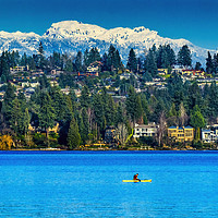 Buy canvas prints of Yellow Canoe Houses Lake Snow Capped Mountains Bel by William Perry