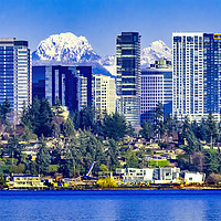 Buy canvas prints of Buildings Lake Washington Snow Mountains Bellevue  by William Perry