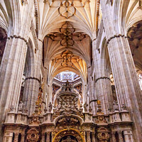 Buy canvas prints of Stone Columns Statues New Salamanca Cathedral Spain by William Perry