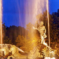 Buy canvas prints of Neptune Chariot Horses Statue Fountain Night Madrid Spain by William Perry
