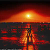 Buy canvas prints of Colorful Red Moon Night Pier Padanaram Dartmouth Massachusetts by William Perry