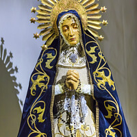 Buy canvas prints of Old Mary Crown Statue Basilica Santa Iglesia Collegiata de San Isidro Madrid Spain by William Perry