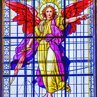 Buy canvas prints of Archangel Uriel Stained Glass Puebla Cathedral Mexico by William Perry