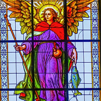 Buy canvas prints of Archangel Raphael Stained Glass Puebla Cathedral Mexico by William Perry