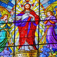 Buy canvas prints of Coloful Jesus Resurrection Archangels Stained Glass Puebla Cathedral Mexico by William Perry