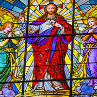 Buy canvas prints of Coloful Jesus Archangels Stained Glass Puebla Cathedral Mexico by William Perry