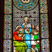 Buy canvas prints of Stained Glass Window Jesus Mary Cana Monastery Montserrat Catalonia Spain by William Perry