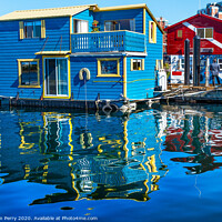 Buy canvas prints of Floating Home Village Blue Red Houseboats Fisherman's Wharf Victoria Canada by William Perry